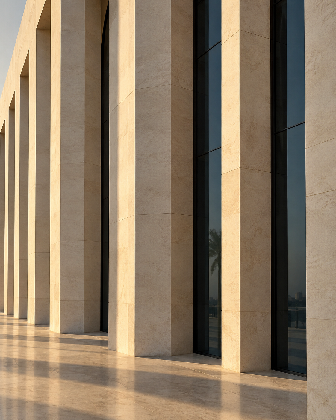 Warm light on the clean lines of a contemporary stone facade
